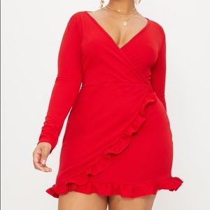 Plus Red Ruffle Detail Wrap Dress
